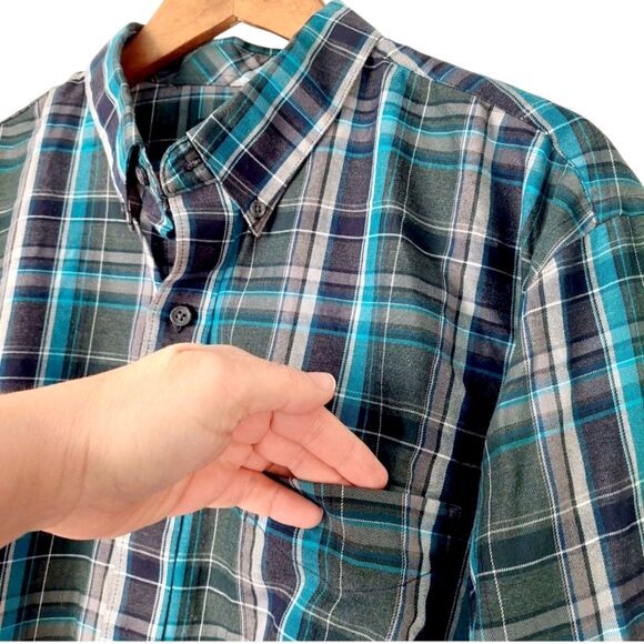 Van Heusen Classic Fit Plaid Checkered Button-Down Shirt Sz XL - Teal Navy Gray - Picture 8 of 13